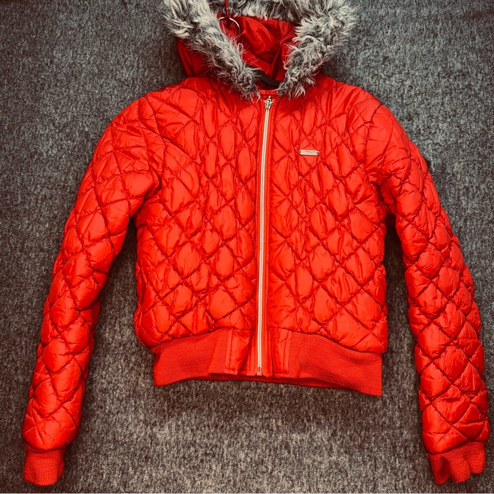 2000s Red South Pole Puffer Jacket y2K fur‎ hood SZ SM
